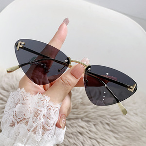 Frameless Cat Eye <b>Sunglasses</b> Gold Metal Frame UV400 Protection For Women Fashionable <b>Retro</b> Design - Product Image 1