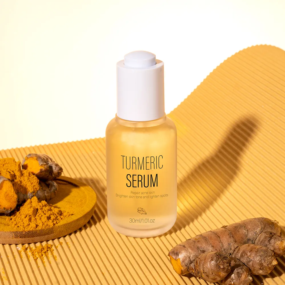 Label Pribadi Perawatan Wajah Serum Organik Anti Jerawat Memperbaiki Pemutih Vitamin C Kunyit Emas untuk Kulit Sensitif