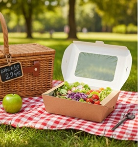 Boîte à lunch jetable en papier enduit de qualité alimentaire avec impression personnalisée, laminage mat, ouvertures transparentes, biodégradable - Product Image 6