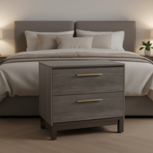 Table de chevet contemporaine à 2 tiroirs, plateau en bois gris antique, structure en métal, poignées en laiton, meubles de chambre à coucher - Product Image 2