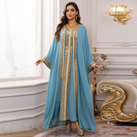 Ensemble élégant en polyester avec broderie en dentelle dorée, abaya ouverte, deux pièces, col en V, robe maxi kaftan musulmane pour les occasions de fête formelles