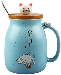 Mug Infuser Teh Keramik 15Oz, Mug Keramik Kucing Lucu, Cangkir Teh Kopi Susu 450Ml dengan Sendok dan Tutup Kayu Kitty Tiga Dimensi