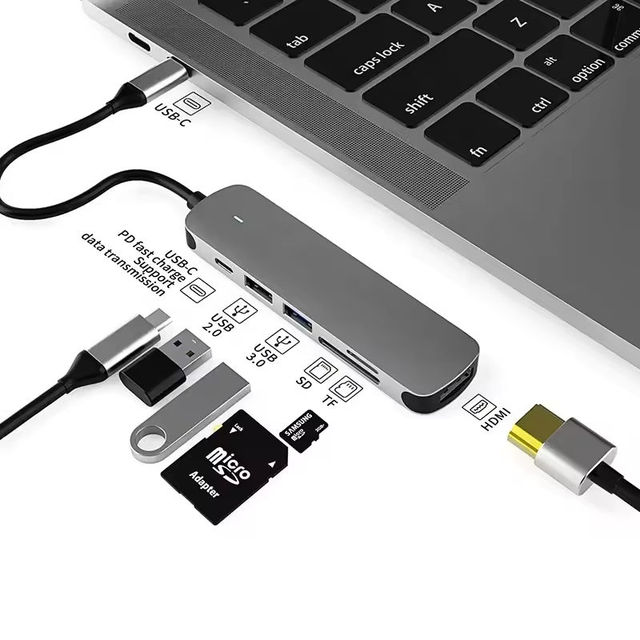 6 in 1 Docking Station USB C Hub USB3.0 USB2.0 SD TF PD 60W Type-C 6 Port Adaptor Hub for Laptop