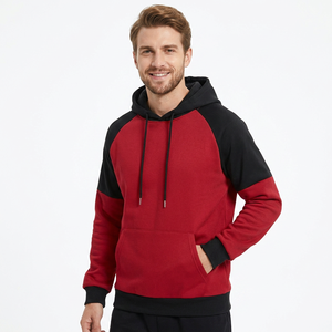 Sweat-shirt à capuche pour homme en coton molletonné rouge et noir à manches raglan, coupe décontractée, avec poches, idéal pour l'automne - Product Image 1