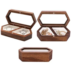 Portable Small Wooden Jewelry Storage Box with Glass for Necklace, Earrings, Rings