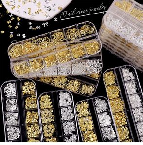 Accessoires de <span class=keywords><strong>nail</strong></span> <span class=keywords><strong>art</strong></span> 3D en alliage métallique mixte à 12 compartiments, cœurs dorés et argentés, perles, strass DIY pour manucure – Vente chaude - Product Image 2