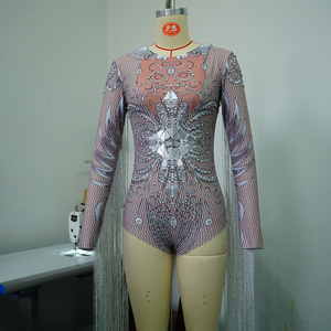Body de malla plateada con pedrería, estampado, de manga larga y flecos, para disfraz de baile de escenario Drag Gogo - Product Image 1