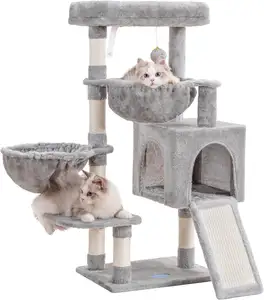 شجرة القطة Meowlove، برج القطة المنزلي مع سرير كبير محشو ومسند، وعمود للخدش سيسال، ووسادة كبيرة للخدش