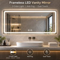 Miroir de salle de bain LED sans cadre, mural, anti-buée, avec commande tactile, lumière à 3 couleurs, intensité réglable, pour hôtel et maison