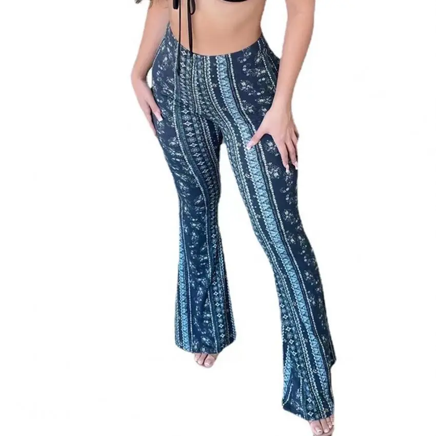 Taille haute Vintage Ethnique Imprimé Palazzo Femmes Bell Bottom Pantalon évasé, legging long pour le yoga