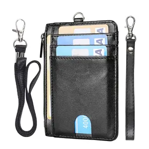 ID Badge Holder with RFID Slgnal Blocking Certificate Cover with Lanyard And Wrist Strap PU Leather Money Clip Work Card Sleeve