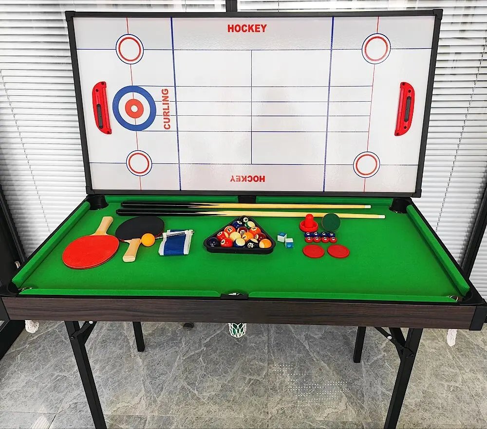 CHRT 48 "4 IN 1 Lipat Multi Biliar Meja Biliar Permainan Hoki Es Meja Shuffleboard Pingpong untuk Permainan Dewasa Anak-anak Dalam Ruangan