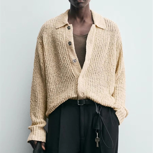 <span class=keywords><strong>Cardigan</strong></span> Oversize da Uomo in Maglia Aperta, Misto Lino e Cotone, Manica Lunga con Colletto - Product Image 1