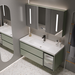 Matcha Green ตู้กระจกอัจฉริยะจัดส่งฟรีอ่างล้างมือเซรามิกไม้เนื้อแข็งตู้ห้องน้ำ - Product Image 4