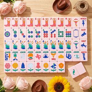 Set Mahjong Americano Personalizzato in Acrilico Bianco e Rosa, 160 Pezzi, Motivo Stivali da Cowboy Texas e BBQ Floreale, Tessere Mahjong per Gioco Ricreativo - Product Image 2