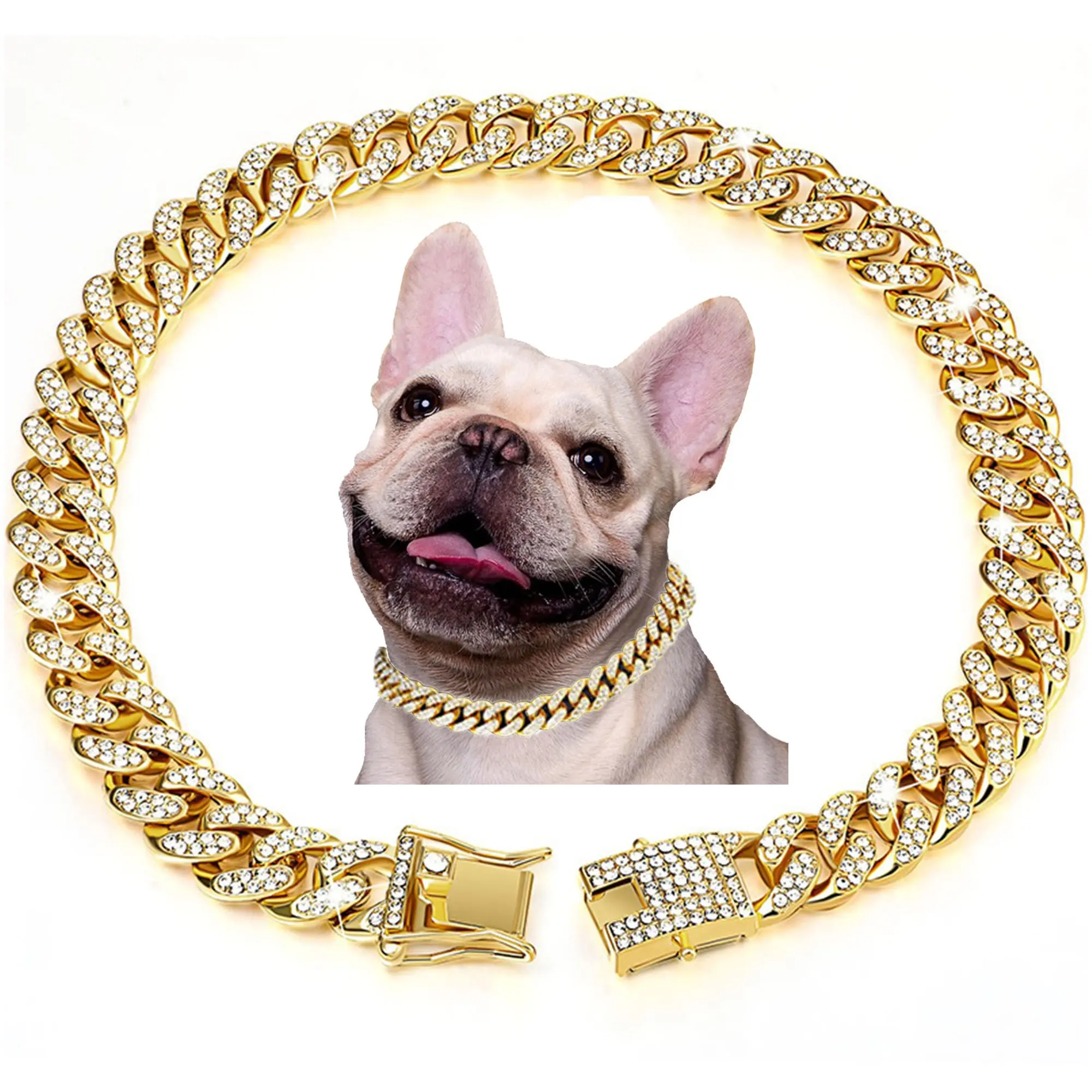 Pet Cat Cuba Chain Diamond Dog Collar collare a catena per cani in oro di lusso con fibbia sicura di Design