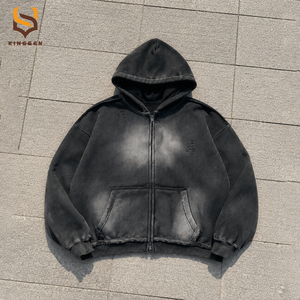 เสื้อฮู้ดดี้สตรีทแวร์ผู้ชายทรงโอเวอร์ไซส์ ซิปหน้า ผ้าคอตตอน 100% หนานุ่ม สไตล์วินเทจ ซันเฟด ดิสเทรส แอซิดวอช - Product Image 2
