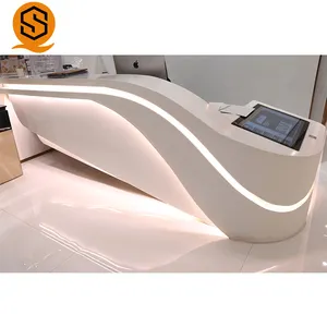 Duponts Corians Custom Made White Led Light Hotel Front Reception Counter Curved Salon Reception Desk