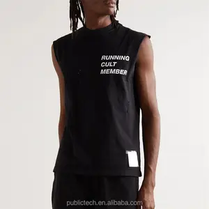 OEM Custom street style reflective print distressed ripped tank top for men
