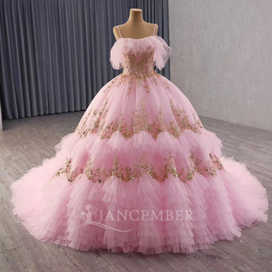 Robe de bal princesse rose scintillante à volants, robe de luxe pour 16e anniversaire, personnalisée Rsm251016 - Product Image 1