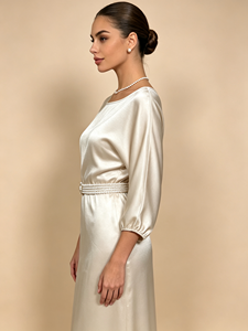 Robe longue élégante en satin, col rond, manches trois-quarts bouffantes, coupe fourreau ajustée, tenue de soirée avec ceinture, sur mesure - Product Image 2
