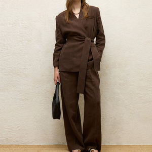 High Quality Women's Spring <strong>2026</strong> Eco-Friendly Breathable V-neck Set Regular Fit Pants Blazer Office <strong>Wear</strong> with Waist Tie Decor - Product Image 1