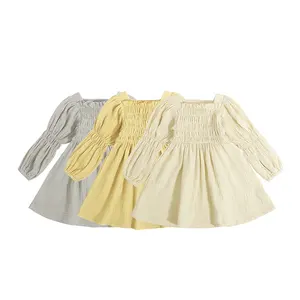 Summer Cute Baby Girl Dresses 100% Cotton Muslin Midi Dresses Long Sleeve Tunic Dress Full Children Short Sleeve Casual Solid