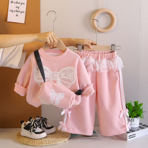 Completo Casual Due Pezzi per Bambina: <span class=keywords><strong>Felpa</strong></span> a Maniche Lunghe con Fiocco e Borsa in Pizzo, Ultima Collezione Primavera - Product Image 3