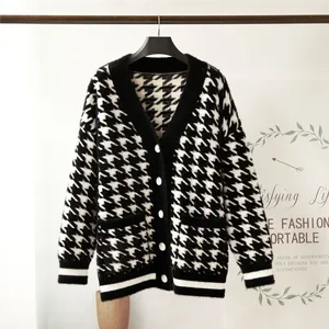 Kardigan Sweter Rajut Houndstooth Hitam Putih Wanita Kualitas Tinggi Musim Dingin