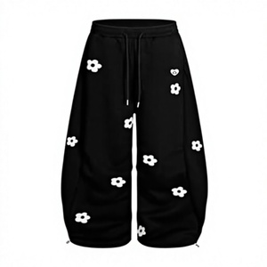 Baggy Wide Leg Sweatpants Flower Embroidery Casual Y2K Elastic Drawstring Lantern Barrel <b>Lounge</b> <b>Trouser</b> Pants - Product Image 1