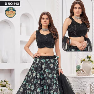 Conjunto de Lehenga Choli con Estampado Floral Negro para Mujer, con Dupatta, Diseño de Diseñador, para Fiestas, Bodas, Lehenga Tradicional - Product Image 1