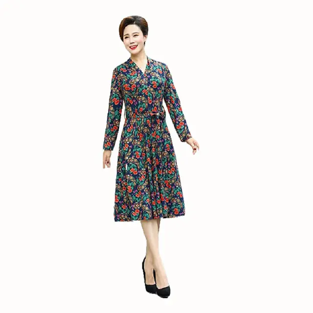 Chinese Style Summer Knee-length Middle-aged Mother's Long Sleeve Oversize Printed Chiffon Dress