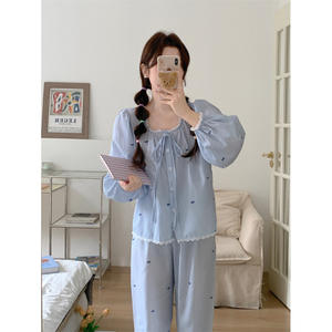 Pijamas de Algodón Transpirable para Mujer, Estilo Coreano, Rayas Simples, Lazo con Encaje, Logotipo Frontal, Ropa de Dormir Informal y Holgada - Product Image 3