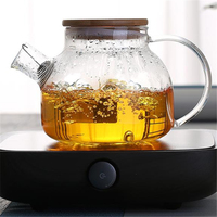 Bouilloire à thé en verre borosilicate écologique 34 OZ/1000ml PSC-TP016, moderne, faite à la main, de luxe, résistante à la chaleur, en bambou, en stock