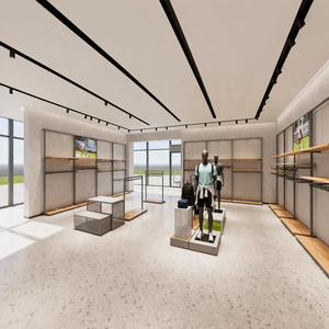 Présentoir de Vêtements Certifié CE avec Design Gratuit, Cadre en Métal et MDF Effet <span class=keywords><strong>Bois</strong></span>, pour Vêtements de Sport Homme, Aménagement Complet de Magasin de Détail - Product Image 1