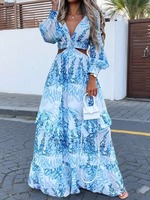 Robe longue maxi pour femme grande taille, imprimé floral bleu, col en V profond, manches longues, découpes à la taille, à volants, style resort, vente en gros, personnalisable