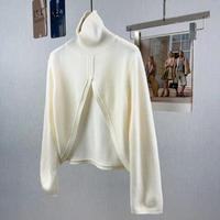 Pull en tricot à col haut et manches longues de style rétro pour femmes, coupe asymétrique, haut en tricot court révélant le nombril