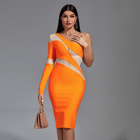 Robe Midi Bandage Orange Asymétrique à Épaule Dénudée avec Panneaux en Maille et Découpes pour Femme – Robes de Soirée Élégantes Grandes Tailles