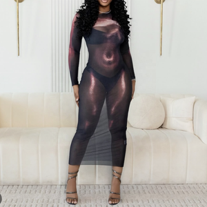 Modisches Farbblock-Kleid mit Asymmetrischem Ausschnitt Langarm Casual Bedrucktes Bodycon Maxi-Netzkleid Herbst Frühling Damenkleider - Product Image 1