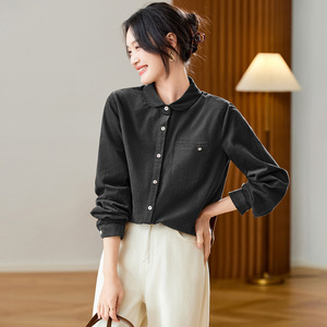 Chemise en coton brossé matelassée à manches longues pour femme, collection Printemps/Automne 2026, style rétro, facile à assortir, coupe ample amincissante - Product Image 3