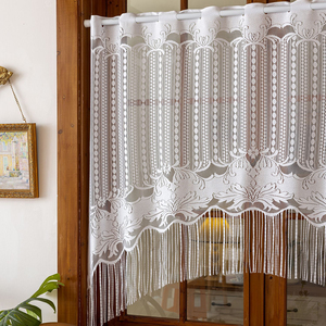 Cortinas translúcidas de encaje blanco con borde inferior de borlas estilo pastoral francés y ojales en la parte superior para decoración de ventanas de cocina - Product Image 4