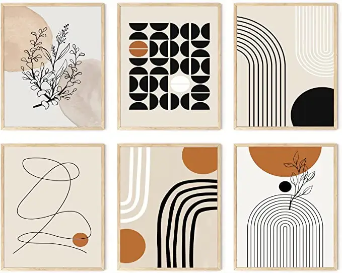 مجموعة مطبوعات جدارية تجريدية بوهو من 6 ، لوحة فنية جدارية بوهو هندسية بسيطة ، خط أوراق النخيل البيج البرتقالي ، لوحة فنية على قماش الكانفاس