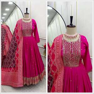 Prix de gros Vêtements traditionnels indiens et pakistanais Robe en soie chinnon pure Broderie lourde Manches élastiques Soirée Séchage rapide - Product Image 5