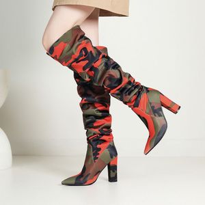 Chunky New Design Botas Dama Camouflage Female Shoes Stiletto Heel Knee-high Women <b>Boots</b> - Product Image 1