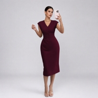 Robe fourreau midi sans manches bordeaux pour femme, col en V, avec nœud torsadé sur le devant, infroissable, coupe ajustée SKINNY, idéale pour les occasions de jour, de soirée et formelles
