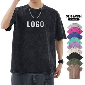 Camiseta Gráfica Personalizada con Lavado Ácido al por Mayor para Hombre, de Punto Grueso, Oversize, Negra, Estilo Vintage Lavado - Product Image 1