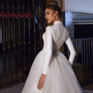 <span class=keywords><strong>Abito</strong></span> da Sposa Arabo Musulmano Bianco a Maniche Lunghe con Collo Alto Stile A-Line - Product Image 4
