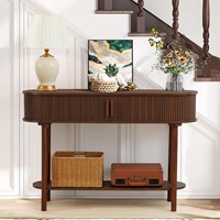 Tables consoles de luxe en noyer cannelé, vente en gros d'usine, table d'entrée moderne avec porte, rangement à 2 niveaux pour salon, hôtel, villa