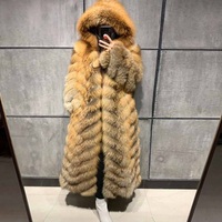 定制蓬松夹克厚保暖奢华连帽全长天然真红狐狸皮草女式外套