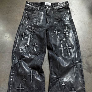 فضفاض كبير الحجم أسود مخصص الشارع الشهير حمض حجر مغسول خمر منقوش شعار بالأسى الساق مستقيم مضيئة الجينز السراويل الجينز - Product Image 1